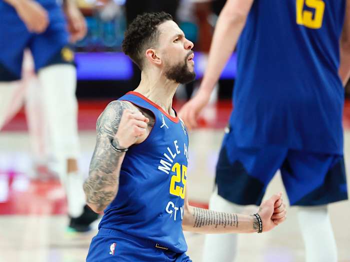Denver Nuggets guard Austin Rivers (25) reacts after a three-point basket during the second half of game three in the first round of the 2021 NBA Playoffs against the Portland Trail Blazers